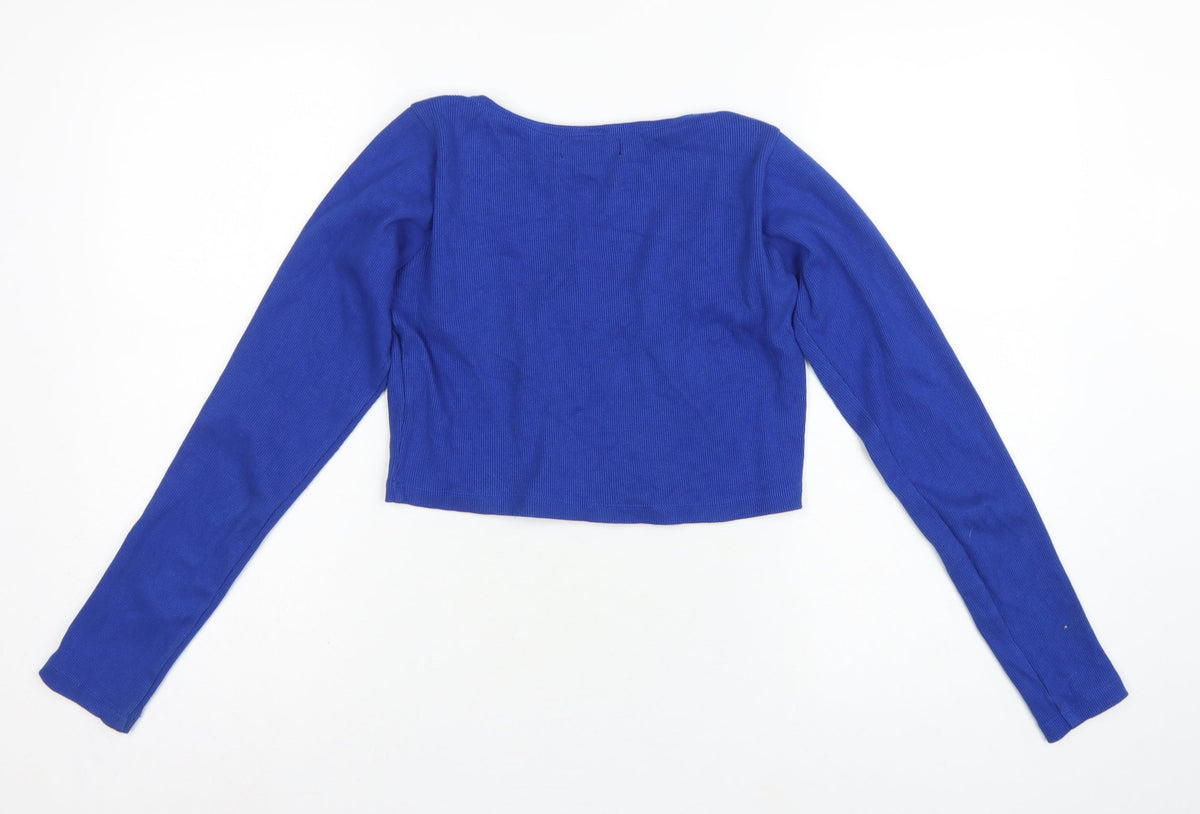 Motel Women’s Blue L Cropped Rib Knit Scoop Neck Button Top