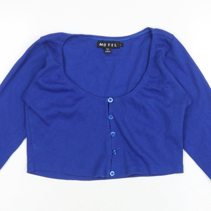 Motel Women’s Blue L Cropped Rib Knit Scoop Neck Button Top