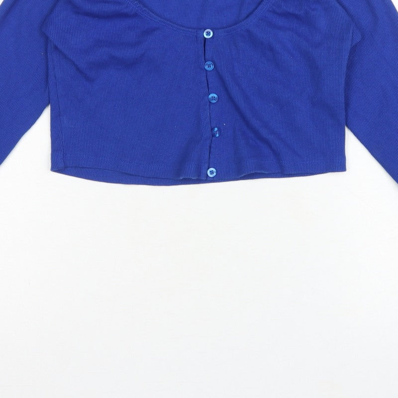 Motel Women’s Blue L Cropped Rib Knit Scoop Neck Button Top
