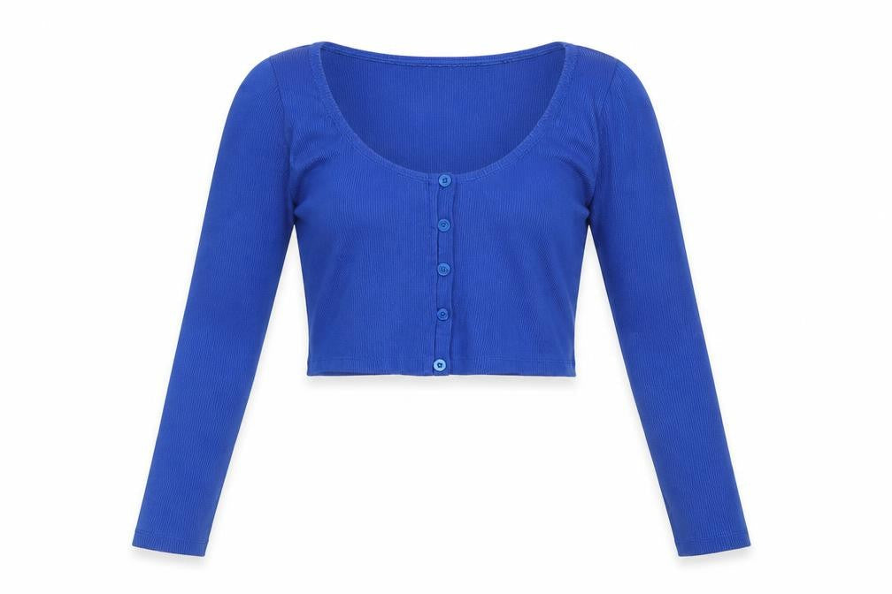 Motel Women’s Blue L Cropped Rib Knit Scoop Neck Button Top
