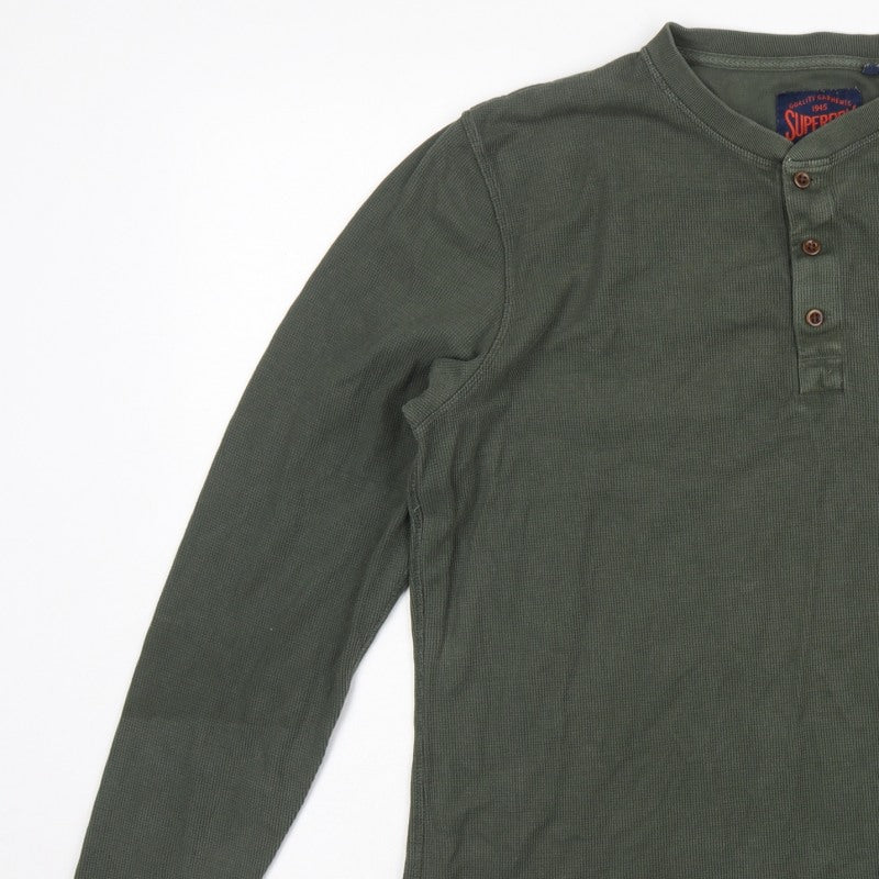 Superdry Men's Green XL Long Sleeve Waffle Henley T-Shirt Button Logo