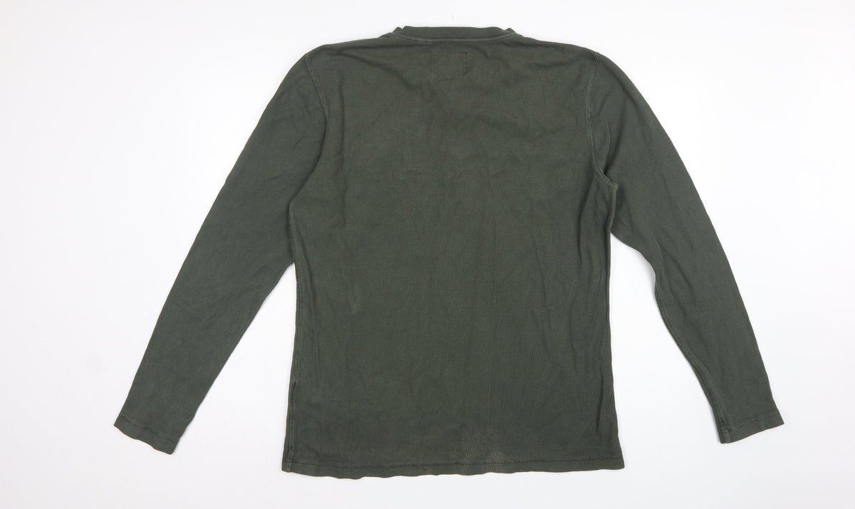 Superdry Men's Green XL Long Sleeve Waffle Henley T-Shirt Button Logo