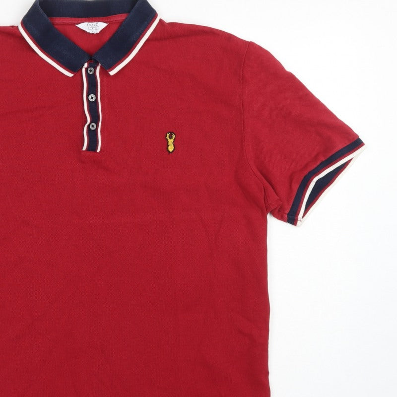 Next Men’s Red XL Cotton Piqué Polo Shirt Navy Trim Embroidered Logo