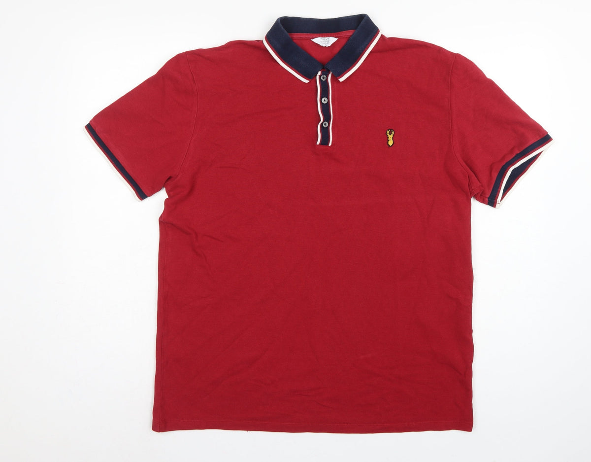 Next Men’s Red XL Cotton Piqué Polo Shirt Navy Trim Embroidered Logo