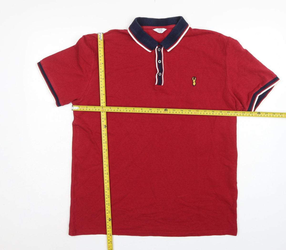 Next Men’s Red XL Cotton Piqué Polo Shirt Navy Trim Embroidered Logo