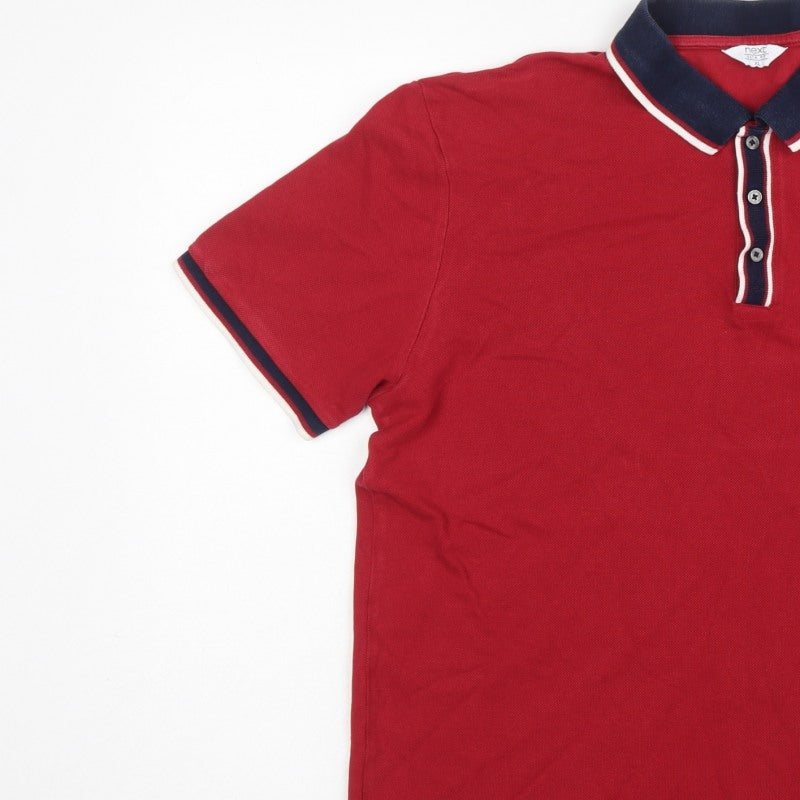 Next Men’s Red XL Cotton Piqué Polo Shirt Navy Trim Embroidered Logo
