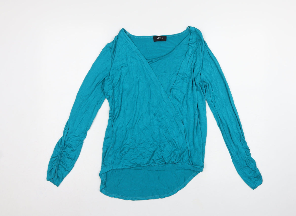 Klass Women’s Blue Size S Wrap V-Neck Long Sleeve Jersey Blouse