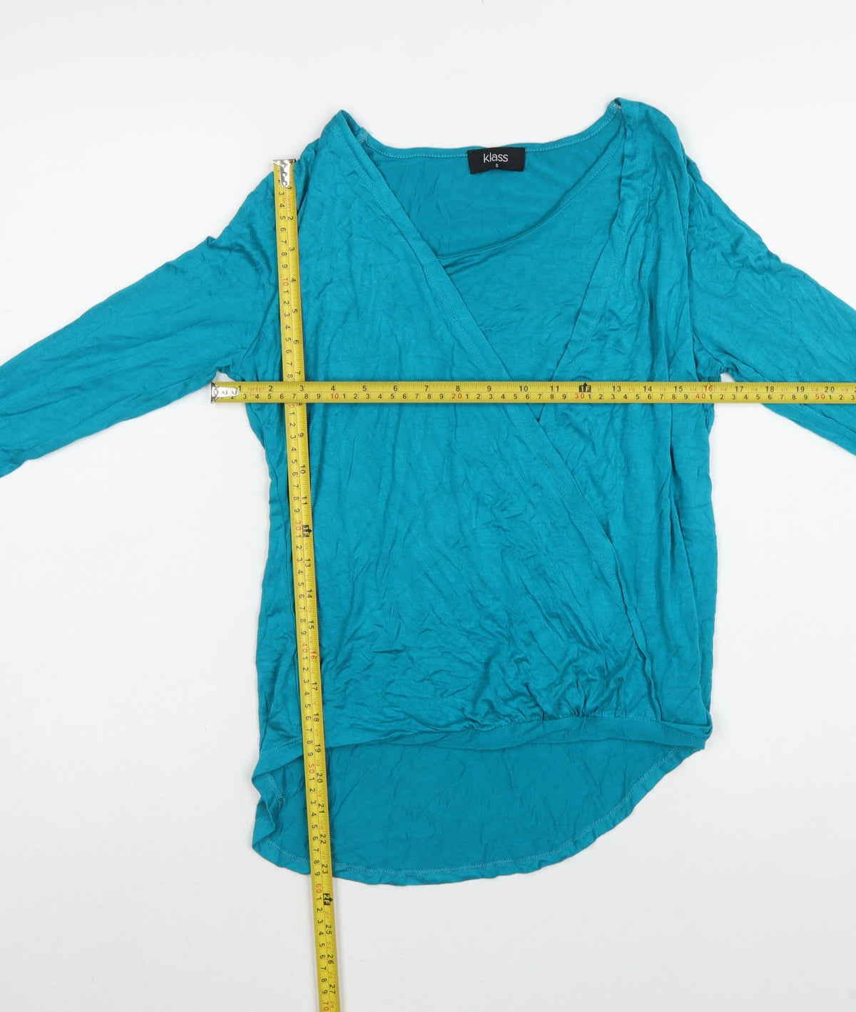 Klass Women’s Blue Size S Wrap V-Neck Long Sleeve Jersey Blouse