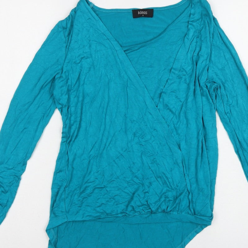 Klass Women’s Blue Size S Wrap V-Neck Long Sleeve Jersey Blouse