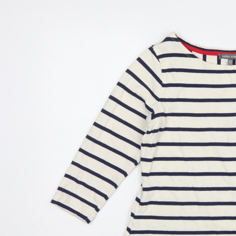 Laura Ashley Women Ivory Navy Stripe Boat Neck 3/4 Sleeve Top UK 10