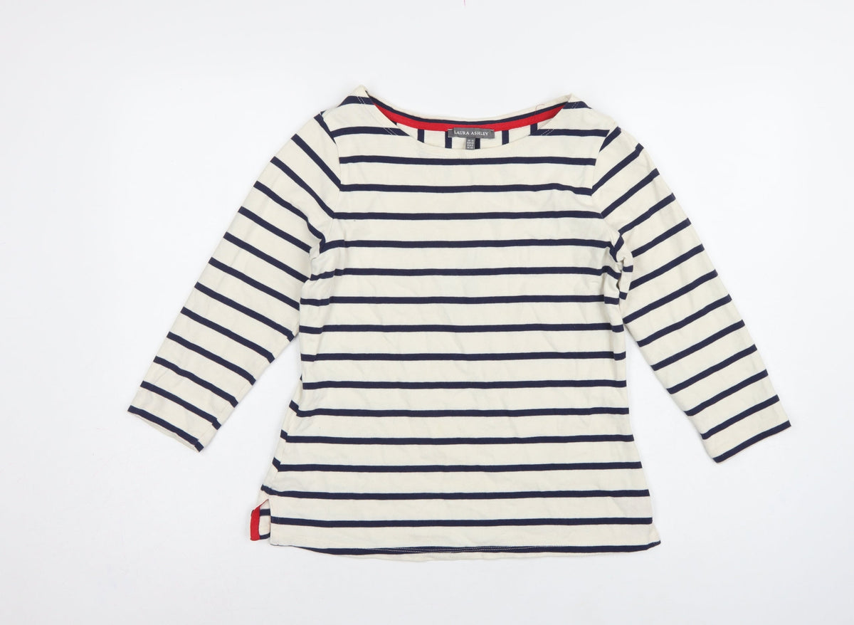 Laura Ashley Women Ivory Navy Stripe Boat Neck 3/4 Sleeve Top UK 10