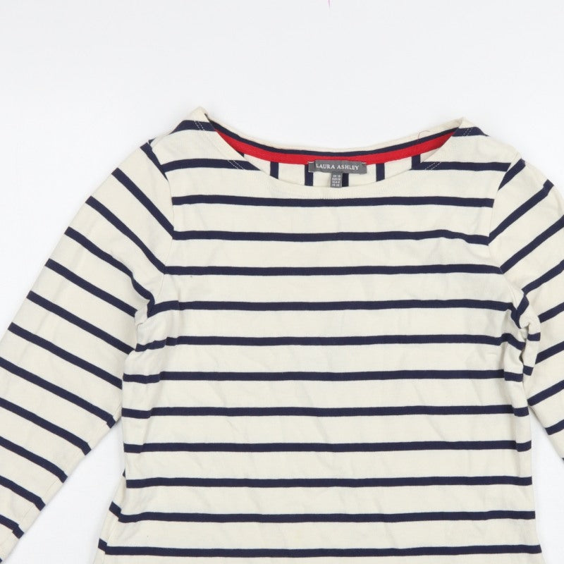 Laura Ashley Women Ivory Navy Stripe Boat Neck 3/4 Sleeve Top UK 10