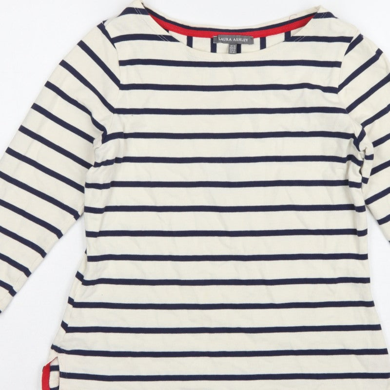 Laura Ashley Women Ivory Navy Stripe Boat Neck 3/4 Sleeve Top UK 10