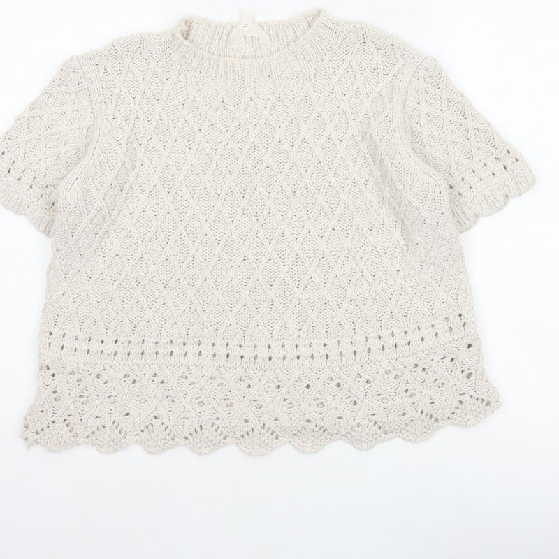 Per Una Women Ivory UK 14 Cable Knit Short Sleeve Crew Neck Top