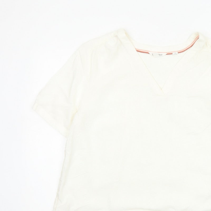 White Stuff Women Ivory UK 14 Embroidered Linen V-Neck Blouse