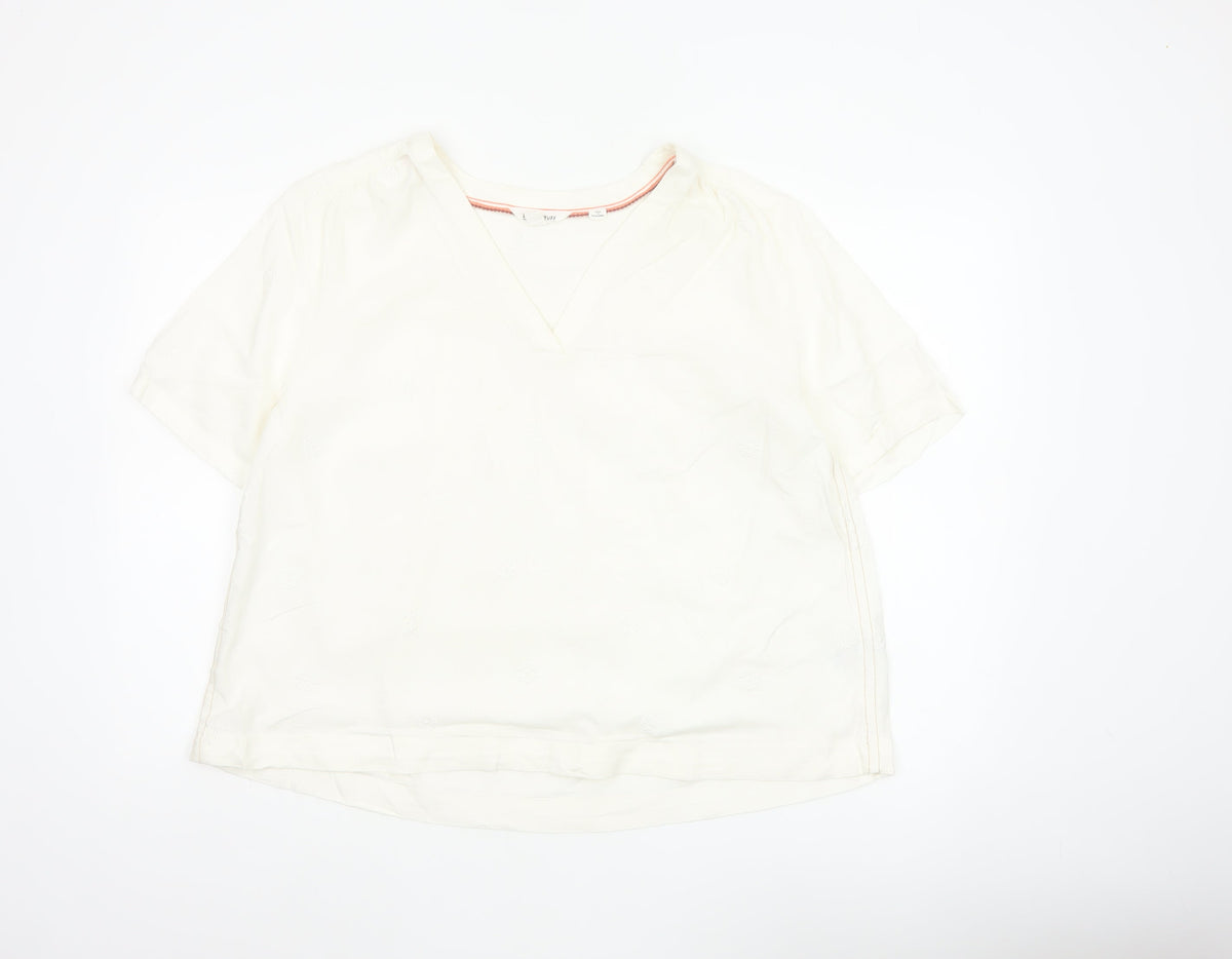 White Stuff Women Ivory UK 14 Embroidered Linen V-Neck Blouse