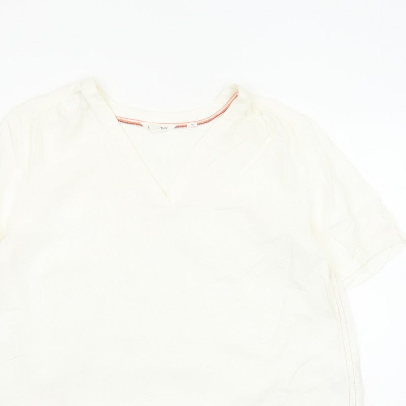 White Stuff Women Ivory UK 14 Embroidered Linen V-Neck Blouse