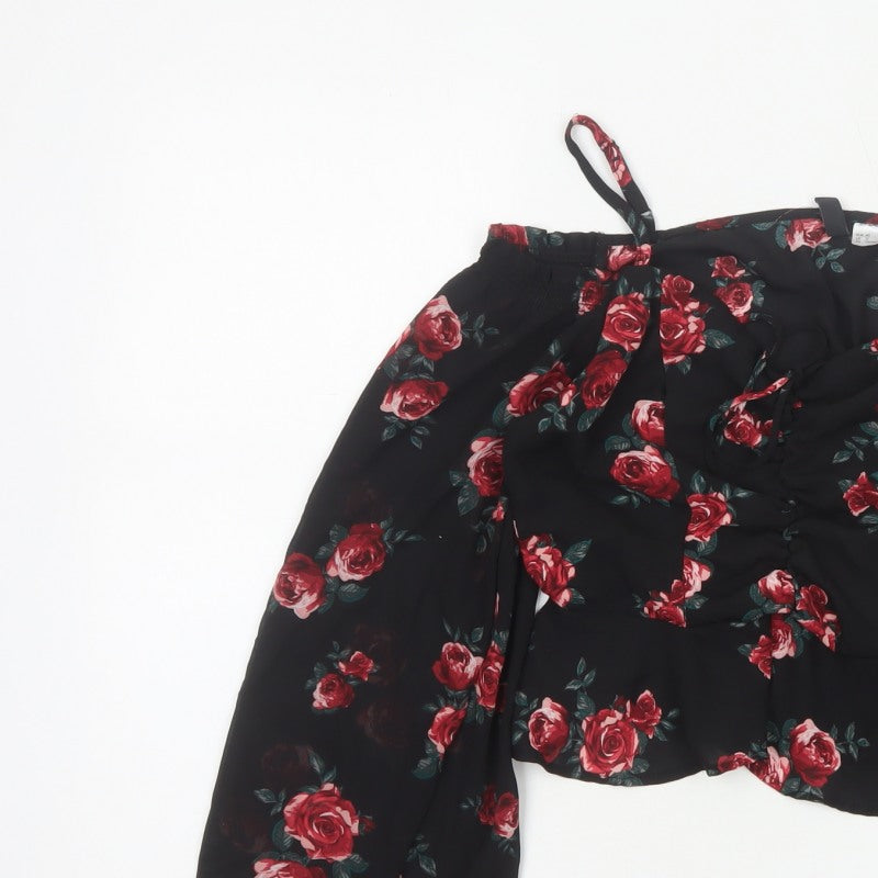 Divided H&M Women Black Floral UK 12 Off Shoulder Wrap Blouse