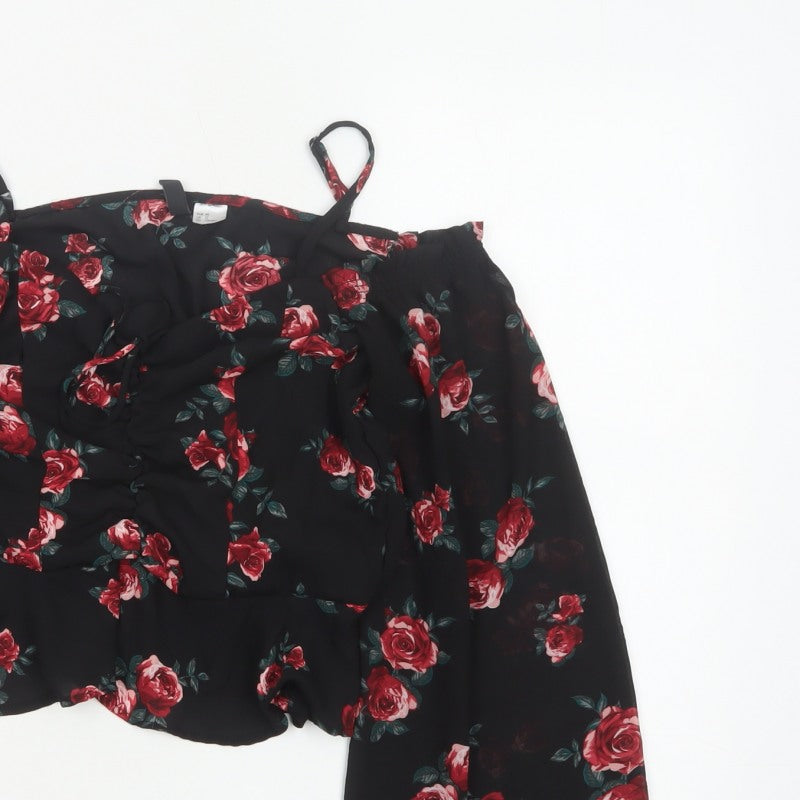 Divided H&M Women Black Floral UK 12 Off Shoulder Wrap Blouse