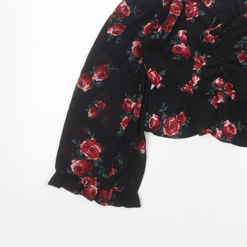 Divided H&M Women Black Floral UK 12 Off Shoulder Wrap Blouse