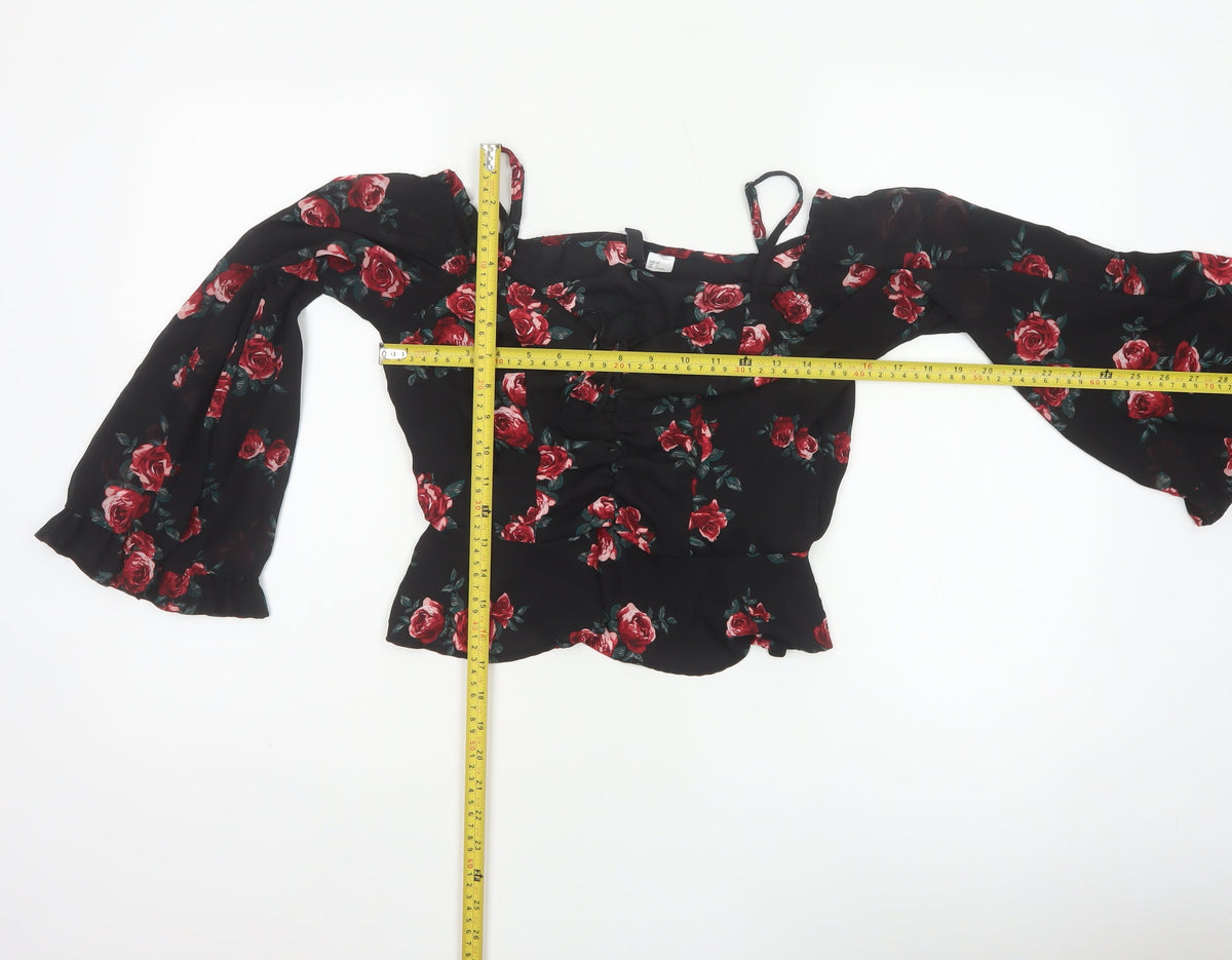 Divided H&M Women Black Floral UK 12 Off Shoulder Wrap Blouse