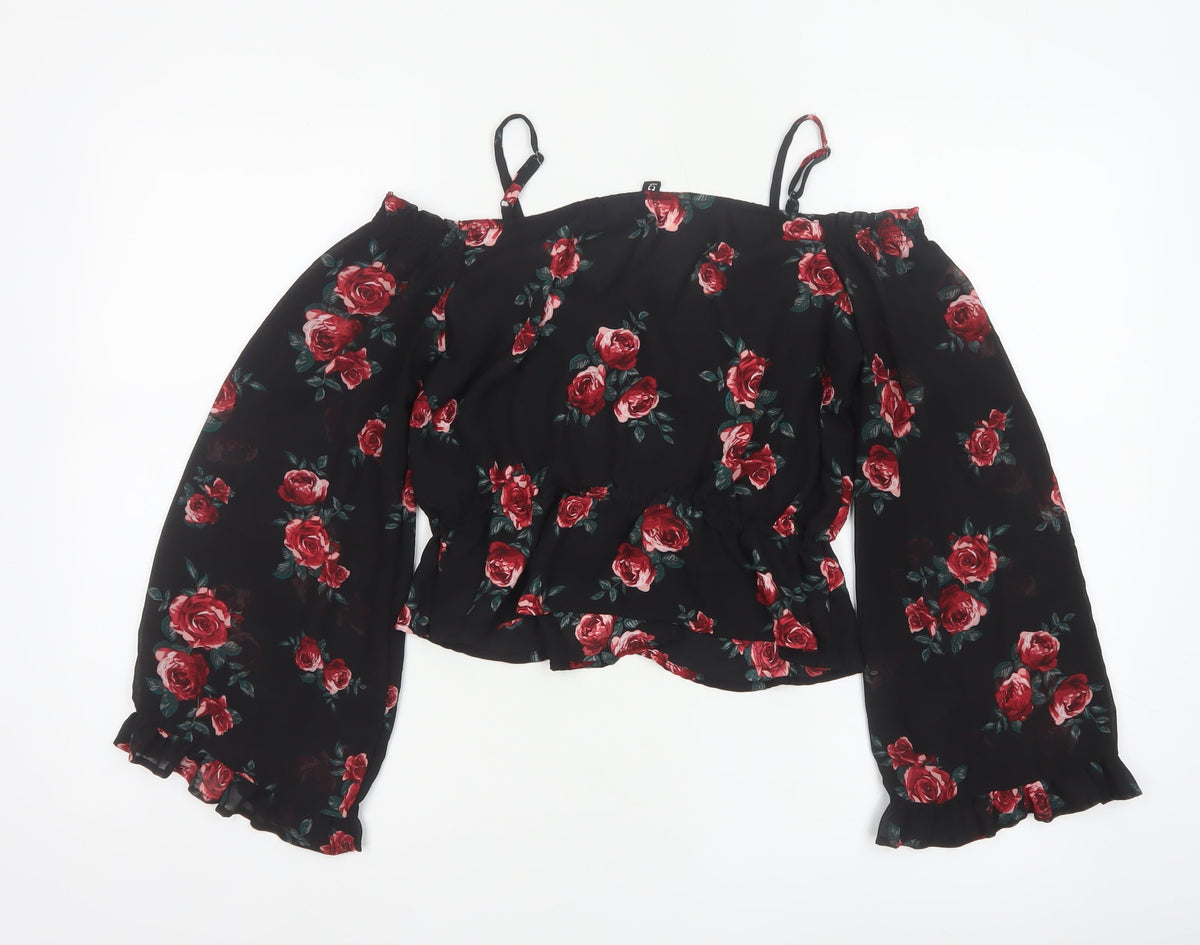 Divided H&M Women Black Floral UK 12 Off Shoulder Wrap Blouse