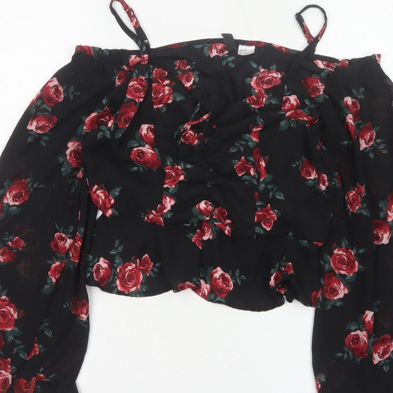 Divided H&M Women Black Floral UK 12 Off Shoulder Wrap Blouse