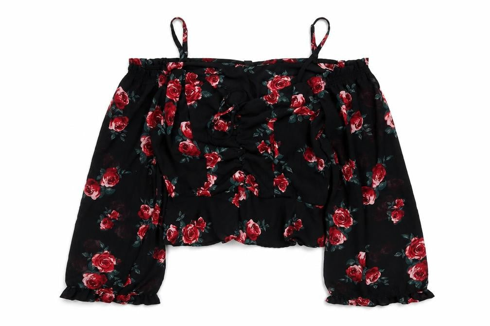 Divided H&M Women Black Floral UK 12 Off Shoulder Wrap Blouse
