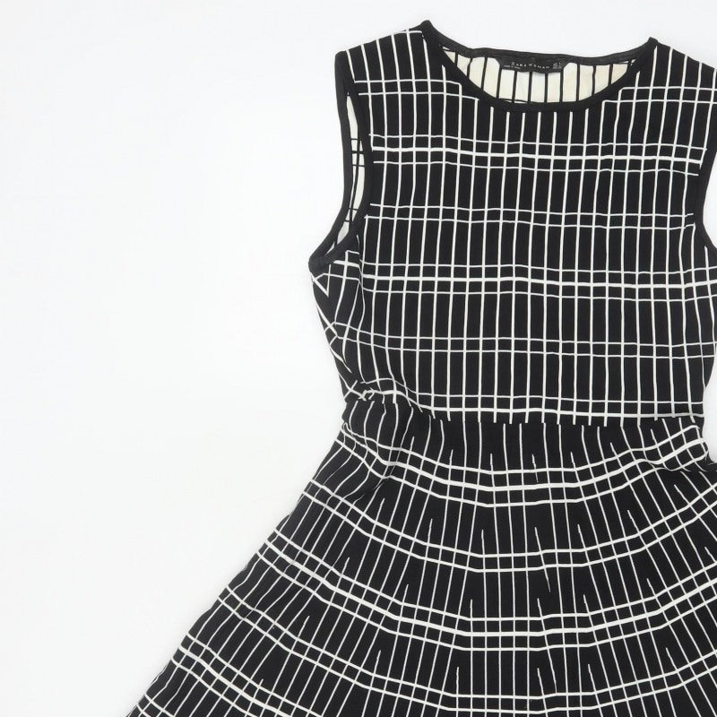 Zara Women Black Check Fit & Flare Knee Length Dress Size L