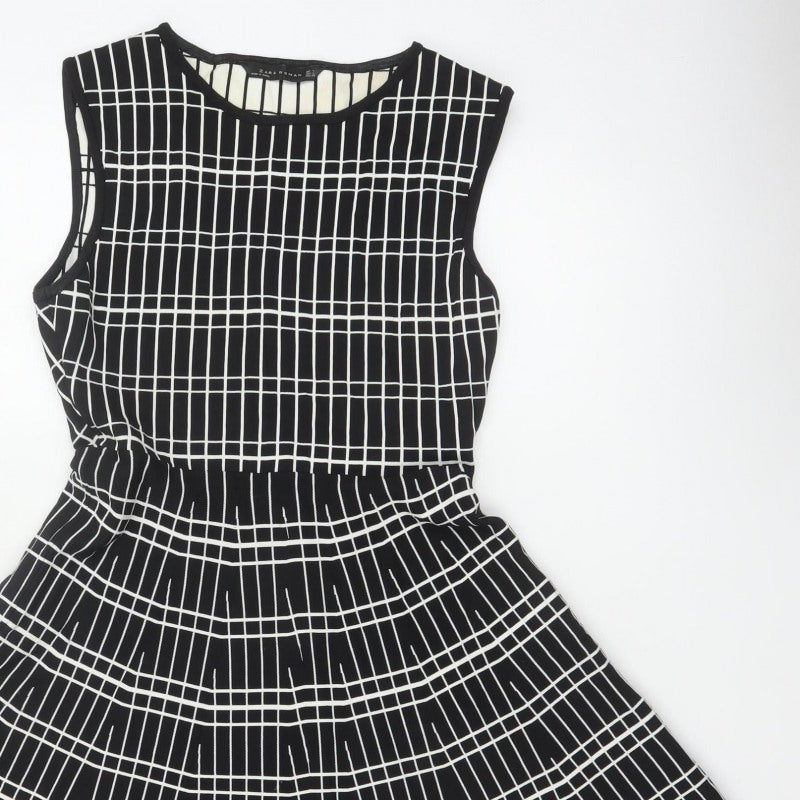 Zara Women Black Check Fit & Flare Knee Length Dress Size L