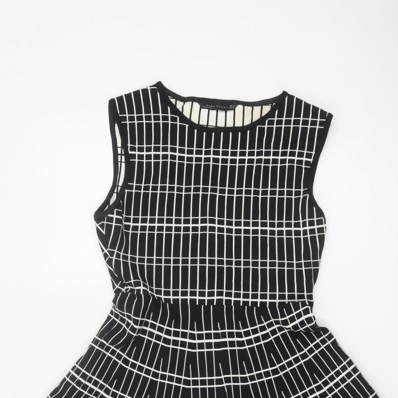 Zara Women Black Check Fit & Flare Knee Length Dress Size L