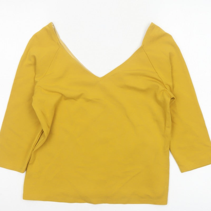 Jasper Conran Women Yellow Size 12 V-Neck 3/4 Sleeve Stretch Blouse