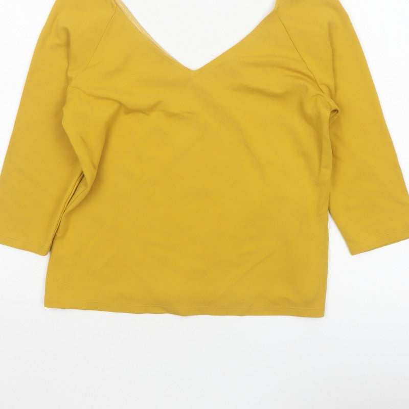 Jasper Conran Women Yellow Size 12 V-Neck 3/4 Sleeve Stretch Blouse