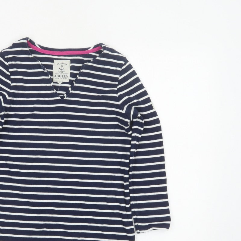 Joules Women’s Blue White Stripe Cotton V-Neck Long Sleeve Top UK 8