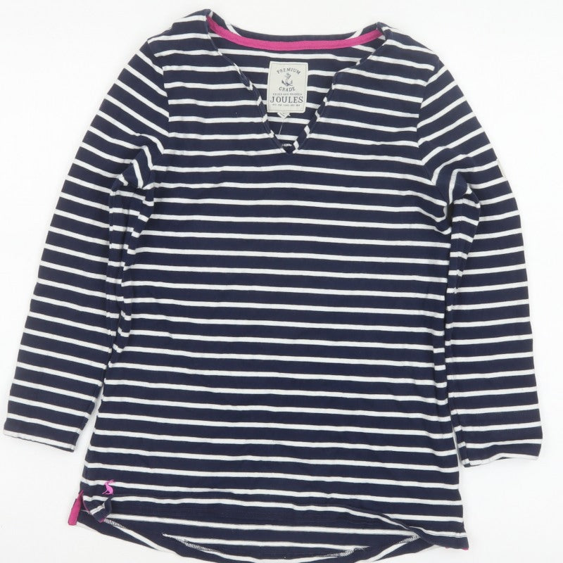 Joules Women’s Blue White Stripe Cotton V-Neck Long Sleeve Top UK 8