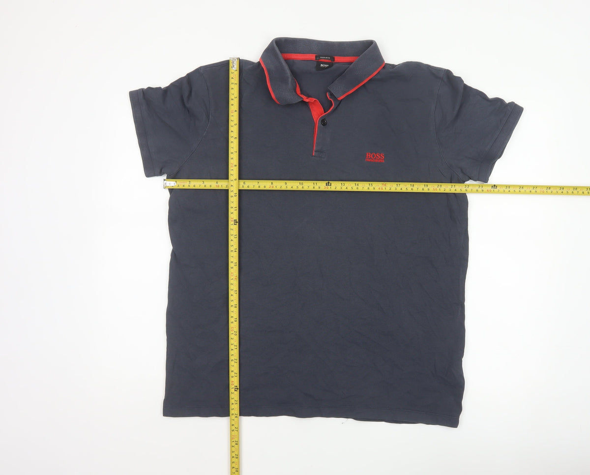 Close-up detail of Hugo Boss Men’s Blue XL Regular Fit Short Sleeve Logo Polo Shirt