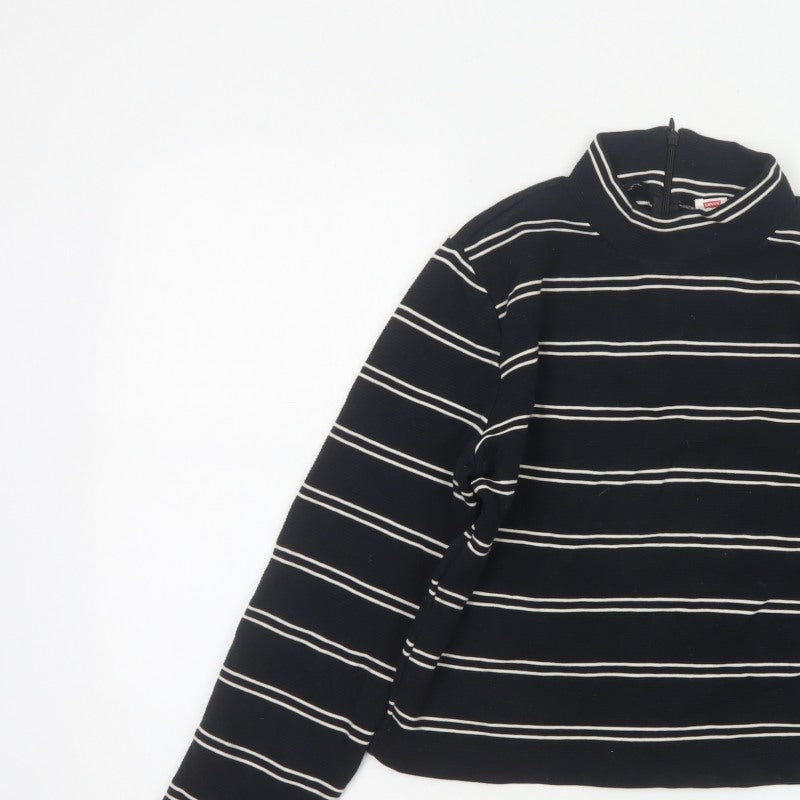 Levi's Women Black White Stripe Cropped High Neck Zip Long Sleeve Top L