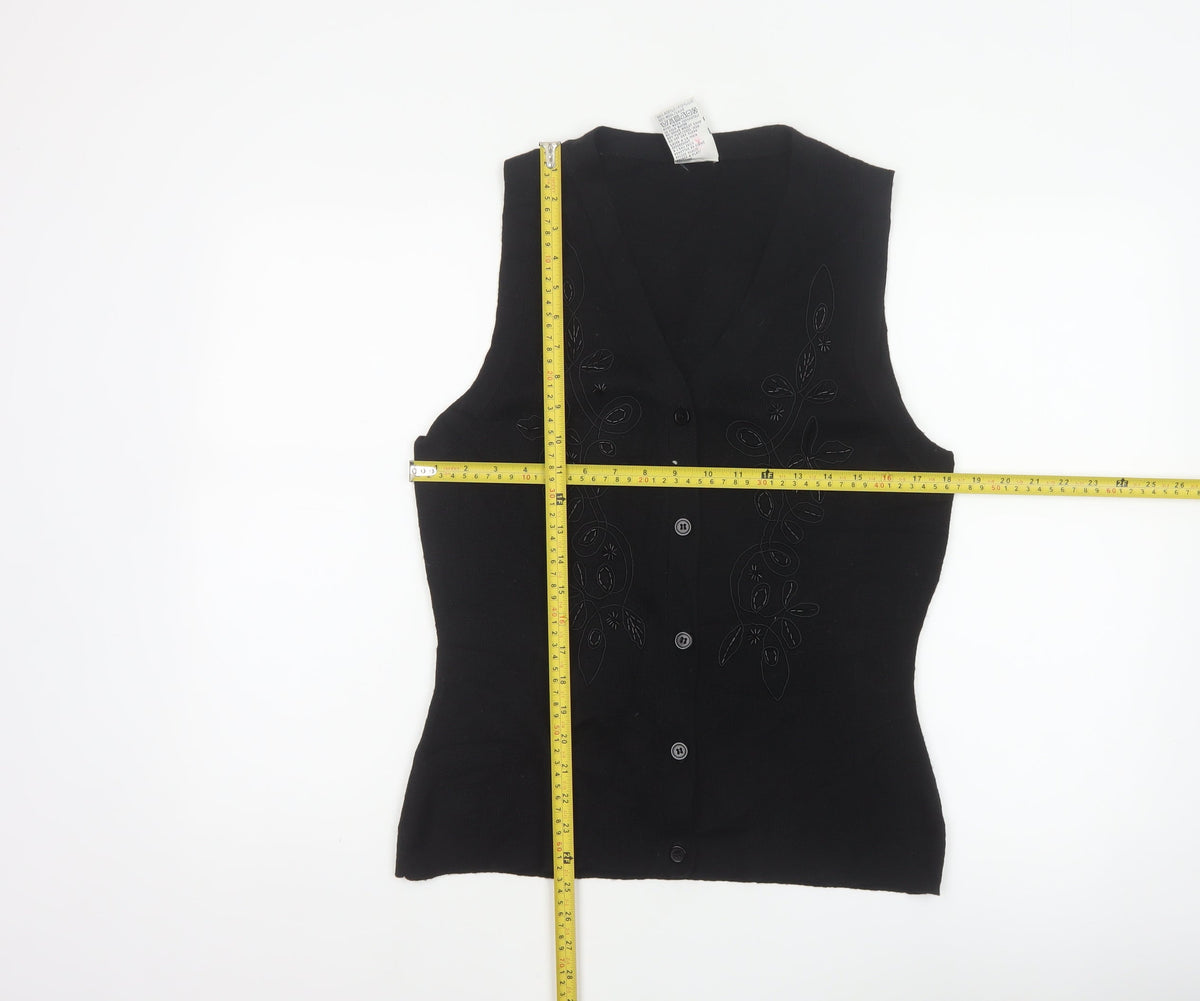Alexon Women Black S Petite Wool Blend Floral Knit Button Vest