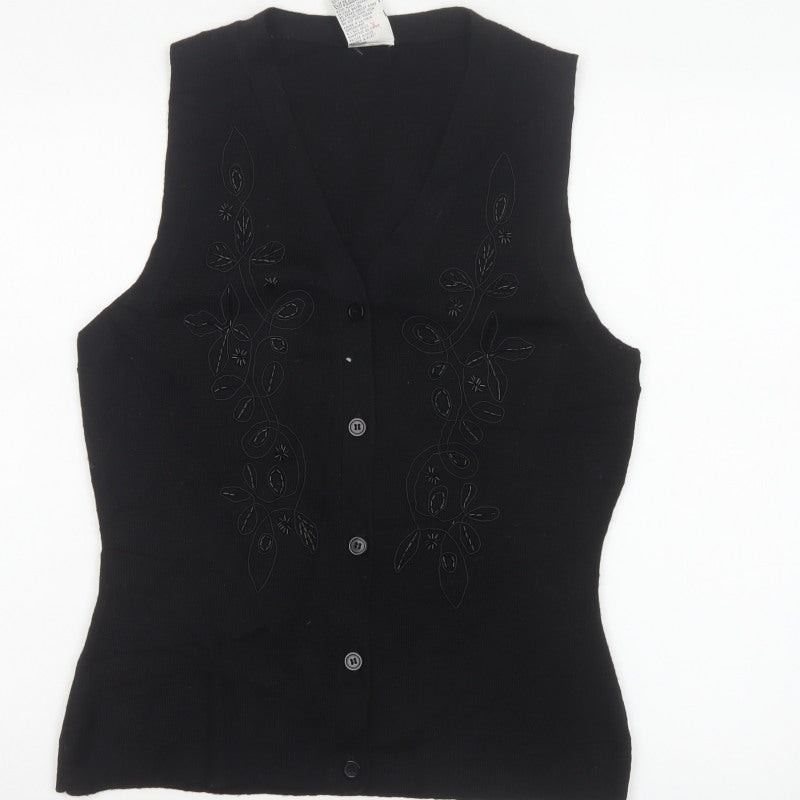 Alexon Women Black S Petite Wool Blend Floral Knit Button Vest