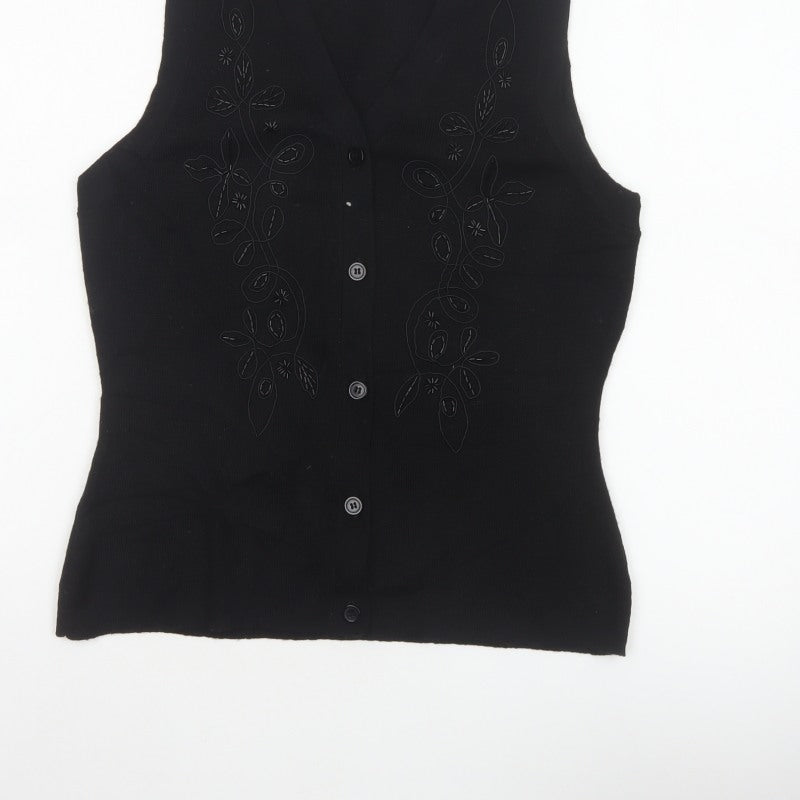Alexon Women Black S Petite Wool Blend Floral Knit Button Vest