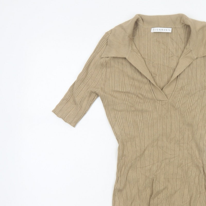 Fig & Basil Women’s Beige Size 10 Rib Knit Collared Tunic Top 3/4 Sleeve
