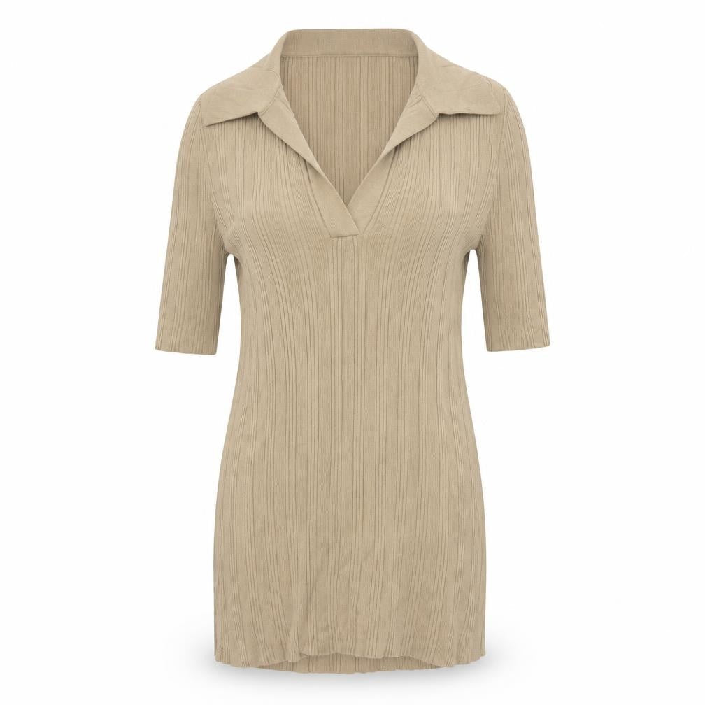 Fig & Basil Women’s Beige Size 10 Rib Knit Collared Tunic Top 3/4 Sleeve