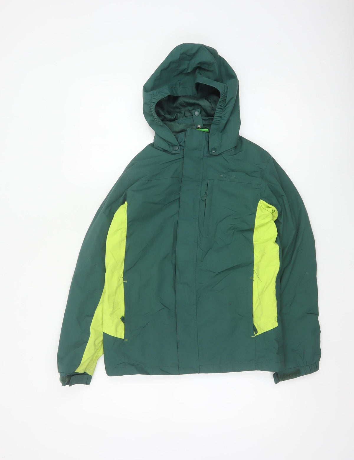Back view of Mountain Warehouse boys’ green 11-12 years ski jacket hooded colourblock