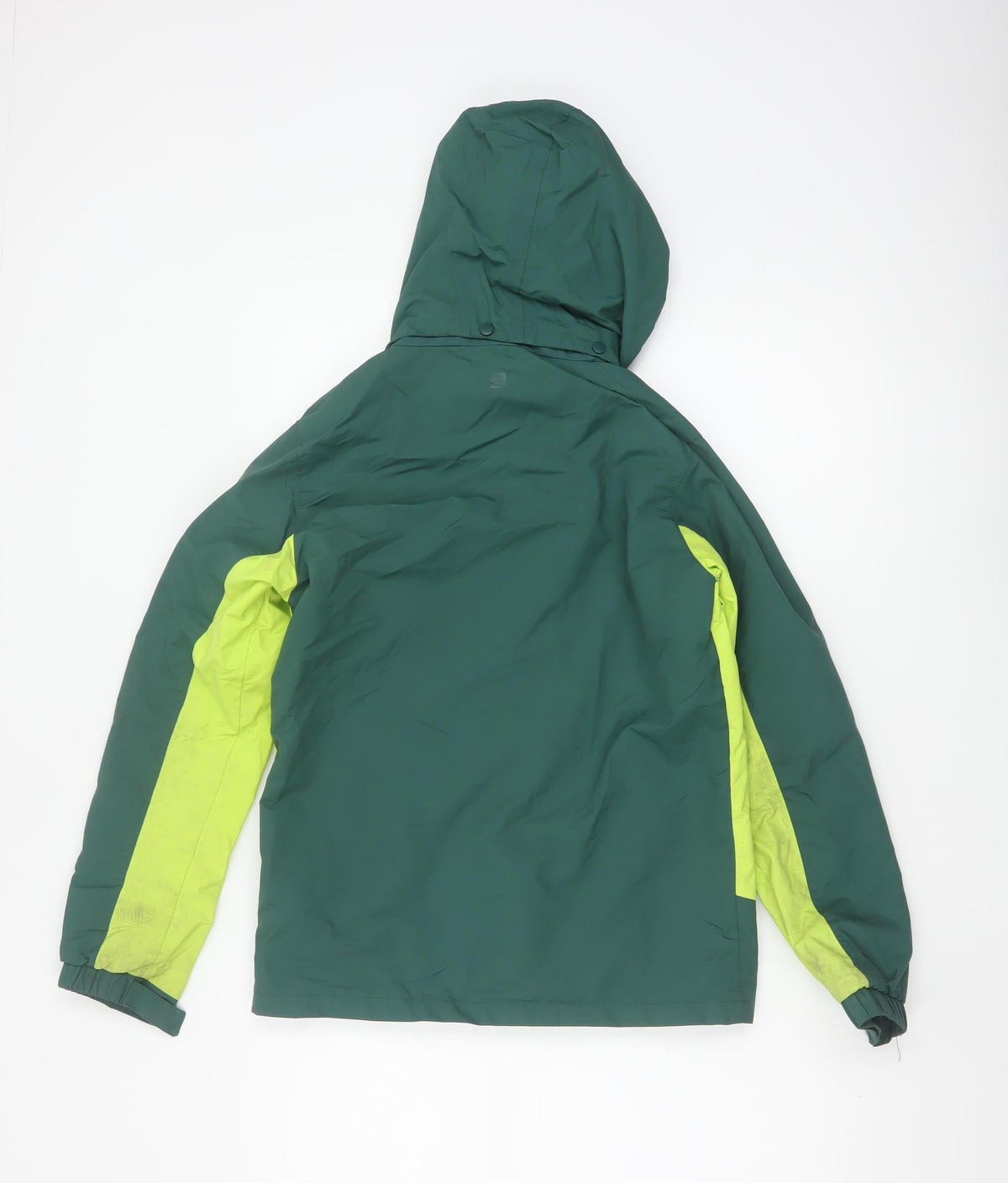 Brand and care label for Mountain Warehouse boys’ green 11-12 years ski jacket hooded colourblock