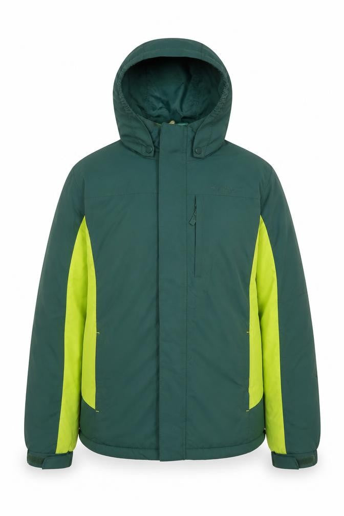 Front view of Mountain Warehouse boys’ green 11-12 years ski jacket hooded colourblock