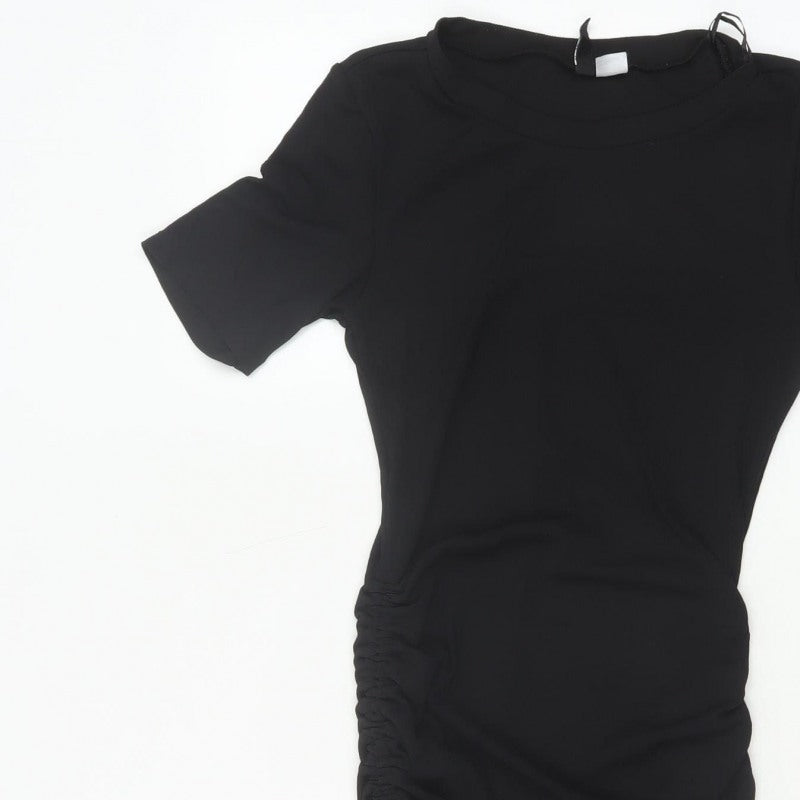 Divided H&M Women Black S Ruched Bodycon Mini Dress Puff Sleeve
