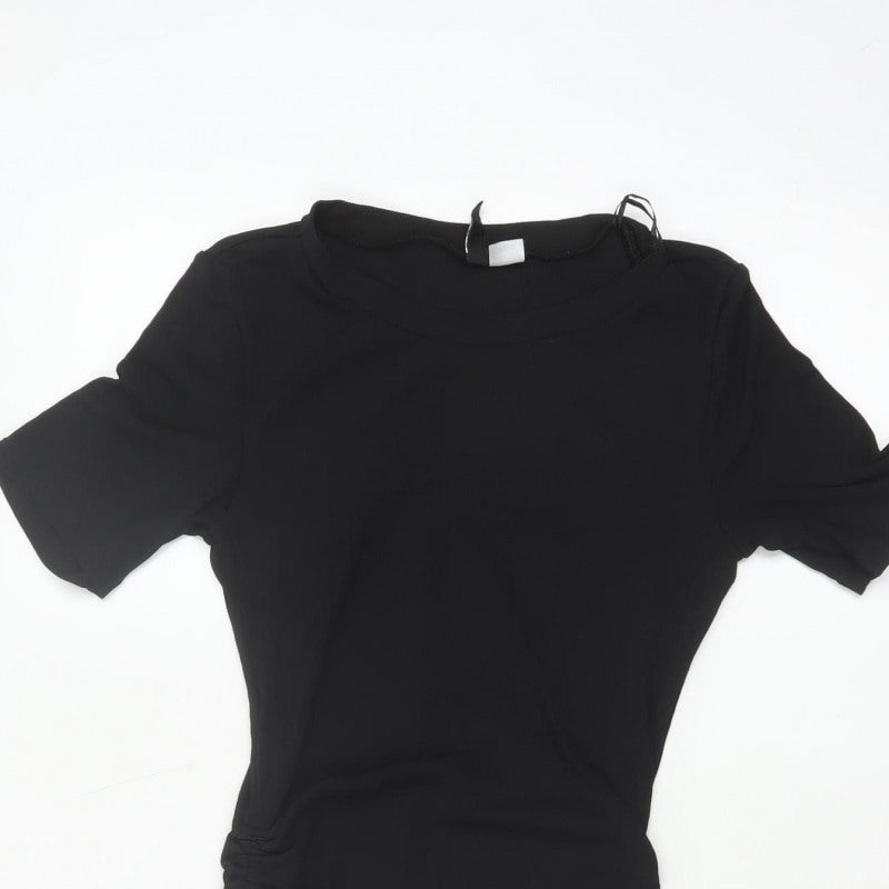 Divided H&M Women Black S Ruched Bodycon Mini Dress Puff Sleeve