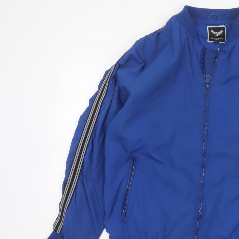 Brave Soul Men’s Blue XL Bomber Jacket Striped Sleeve Full Zip