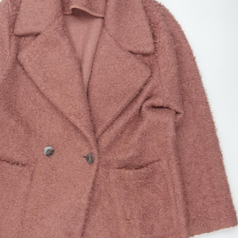 TP Women Pink UK 14 Teddy Fleece Pea Coat Buttoned Mid-Length