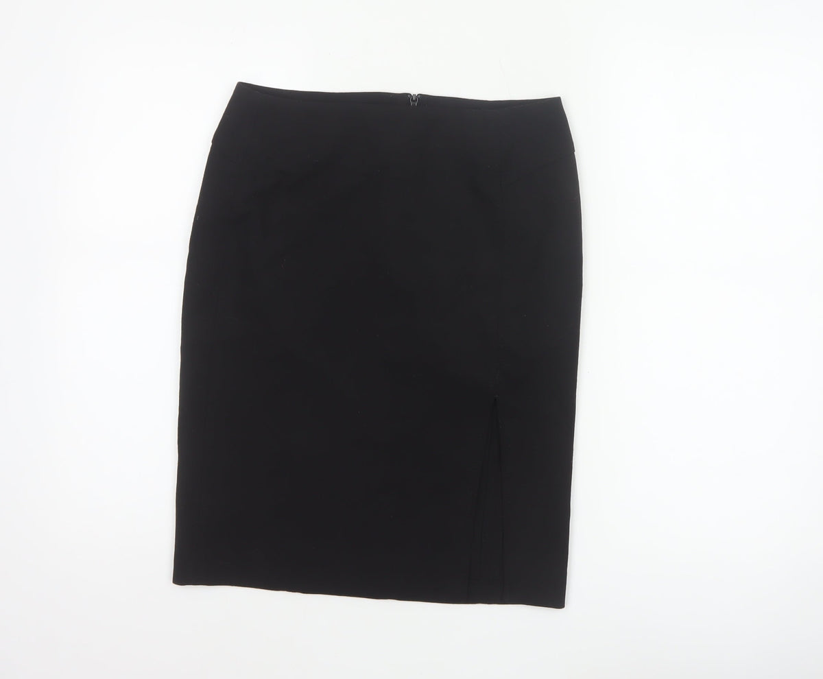 French Connection Women Black UK 8 Wool Blend Pencil Knee Skirt Slit